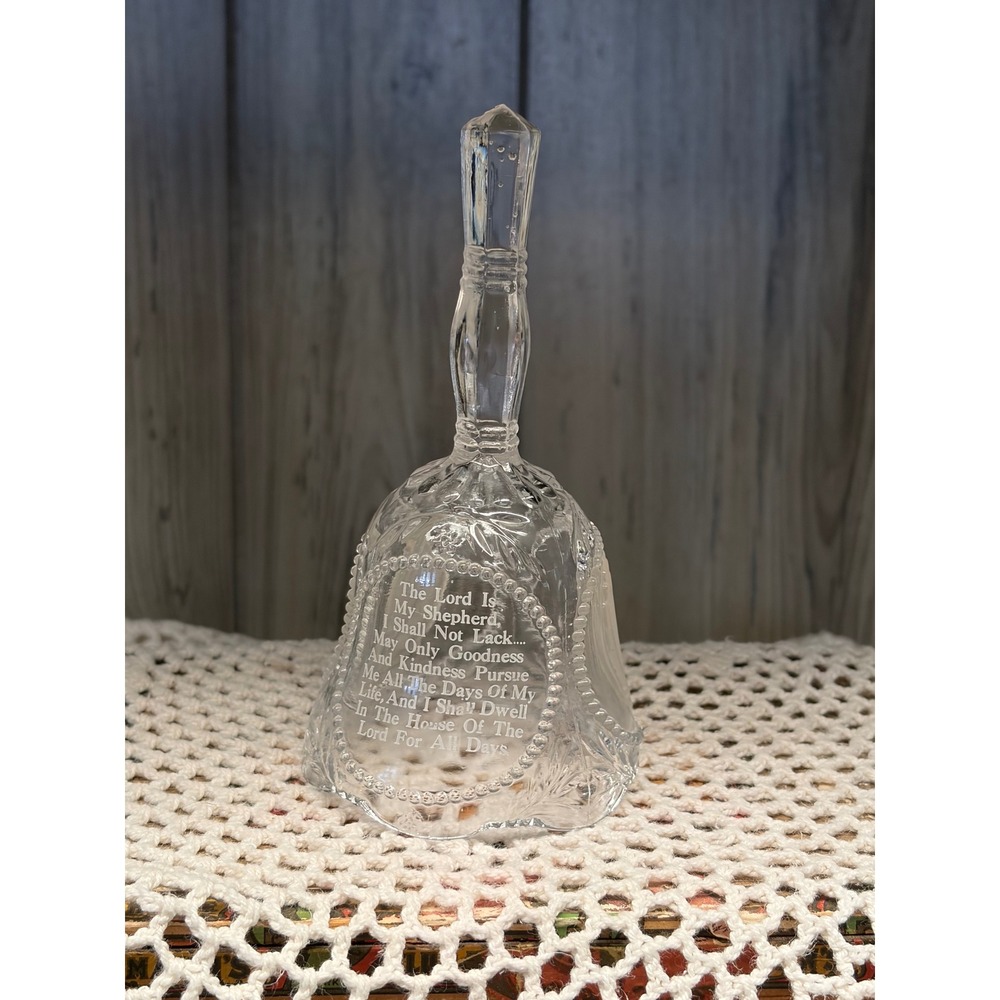 Vintage Clear Glass Bell Praying Hands 23rd Psalm Religious Decor 6 Inch
